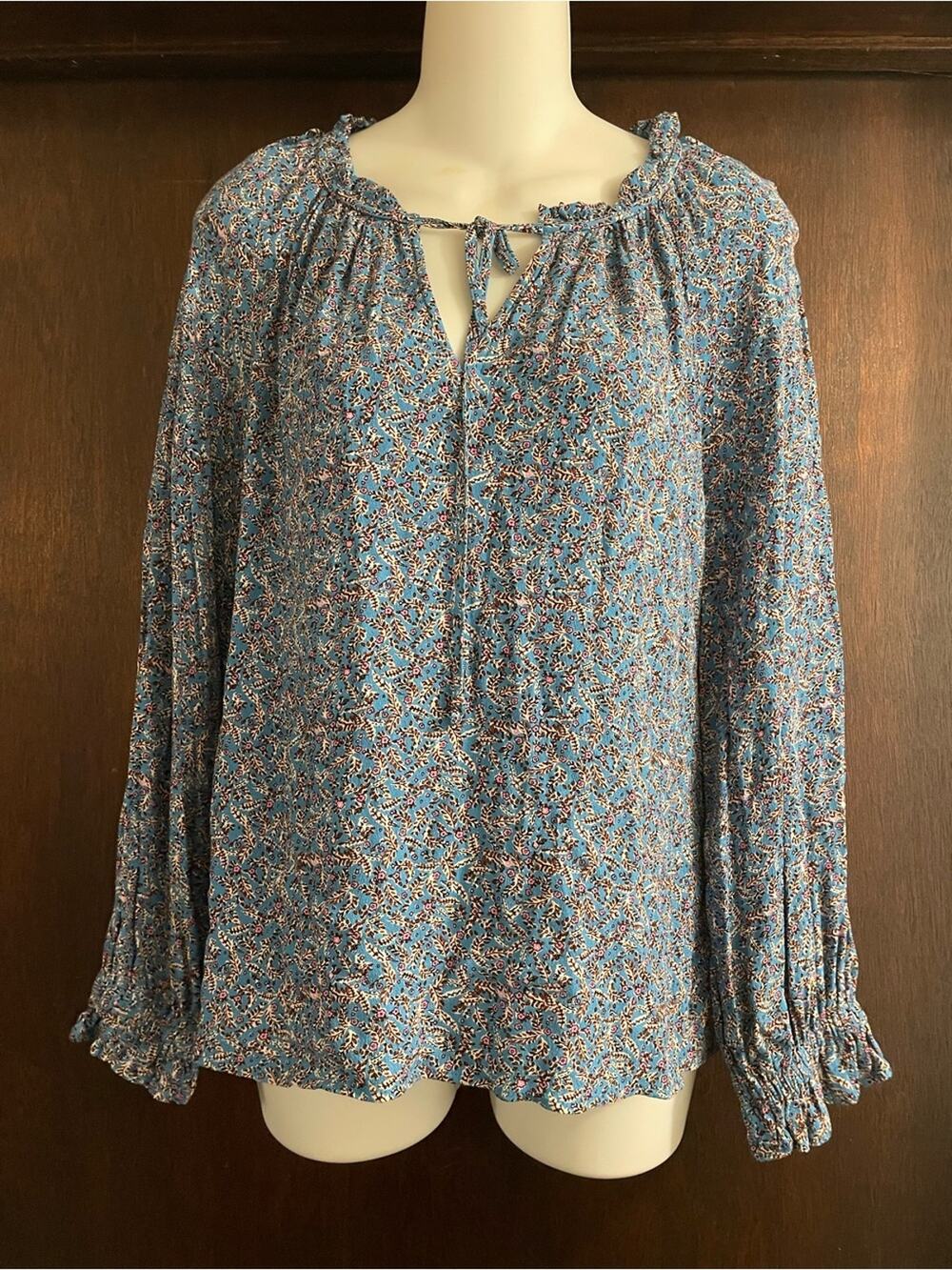 LOFT Brand Women's size Small Peasant Style Blue and Rust Floral Print Blouse